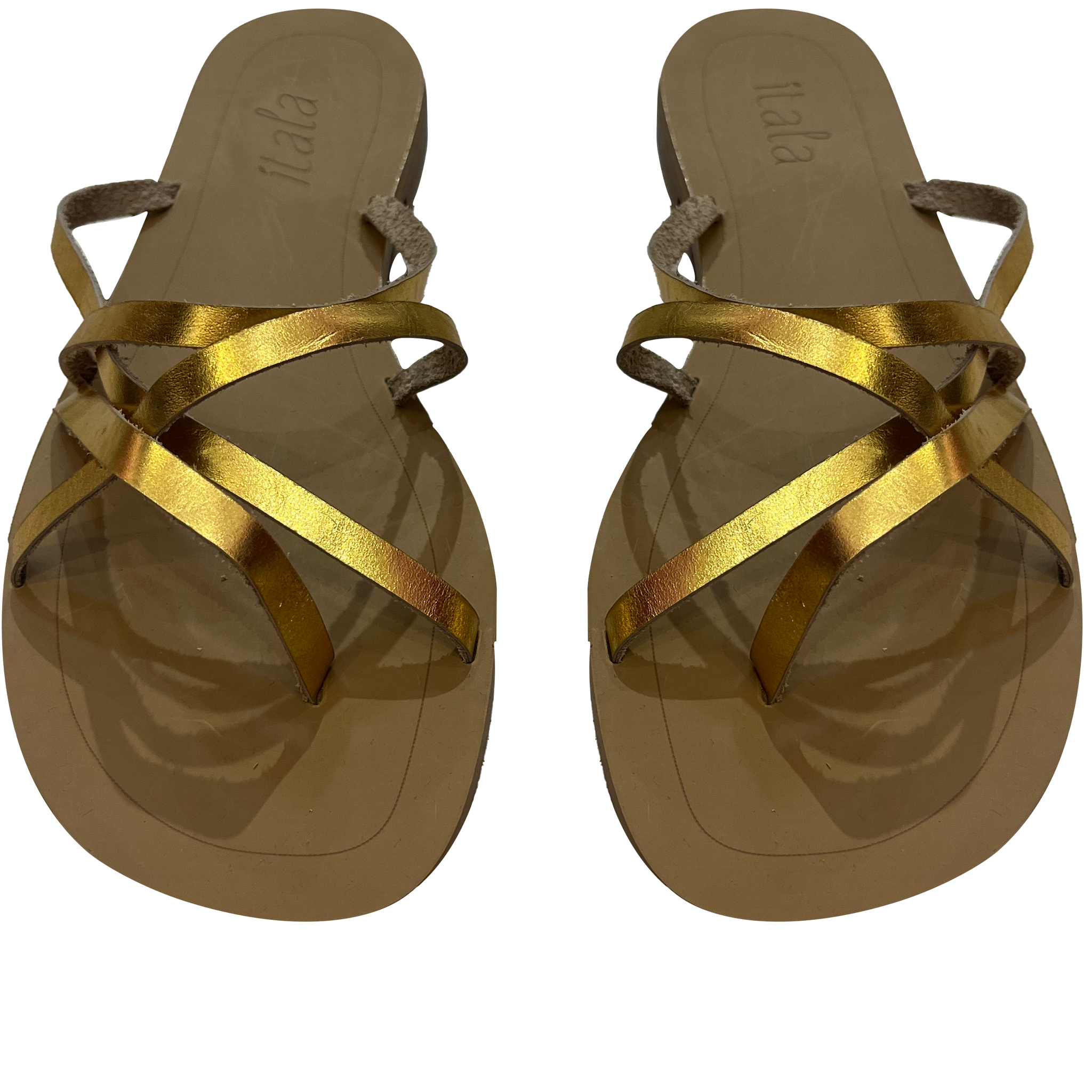 Sandalia de tiras cruzadas planas doradas.