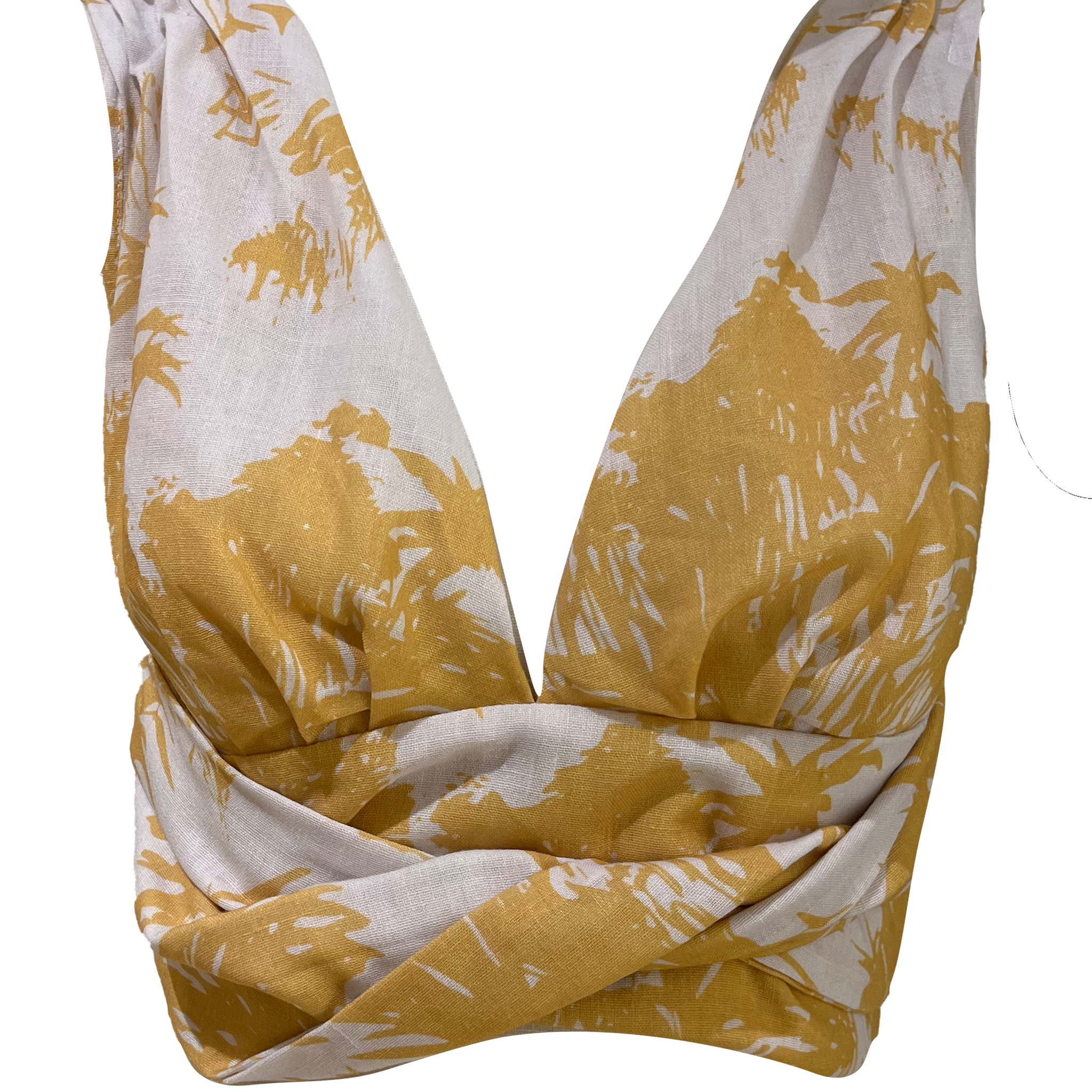 CROPTOP TIRAS CUELLO EN V ENTORCHADO ESTAMPADO CARYOTA PALM EN COLOR MOSTAZA