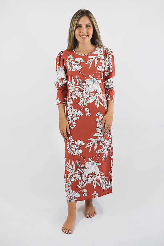 Vestido midi manga larga volumen en hombro